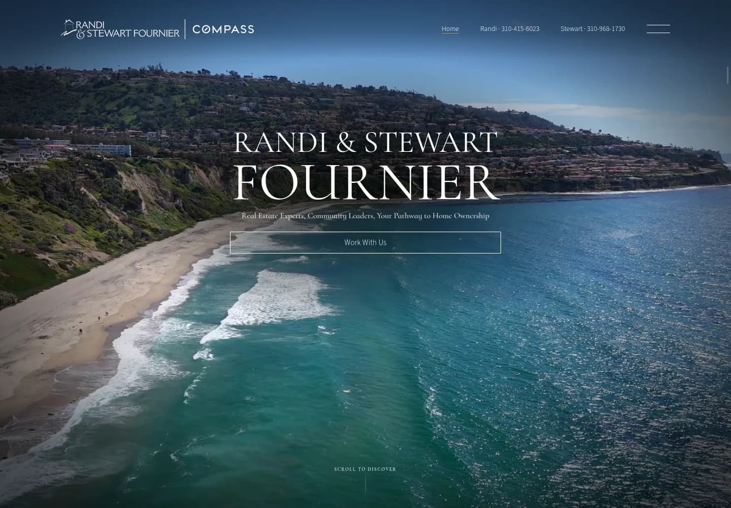 Randi and Stewart Fournier real estate website homepage over an aerial coastal photograph